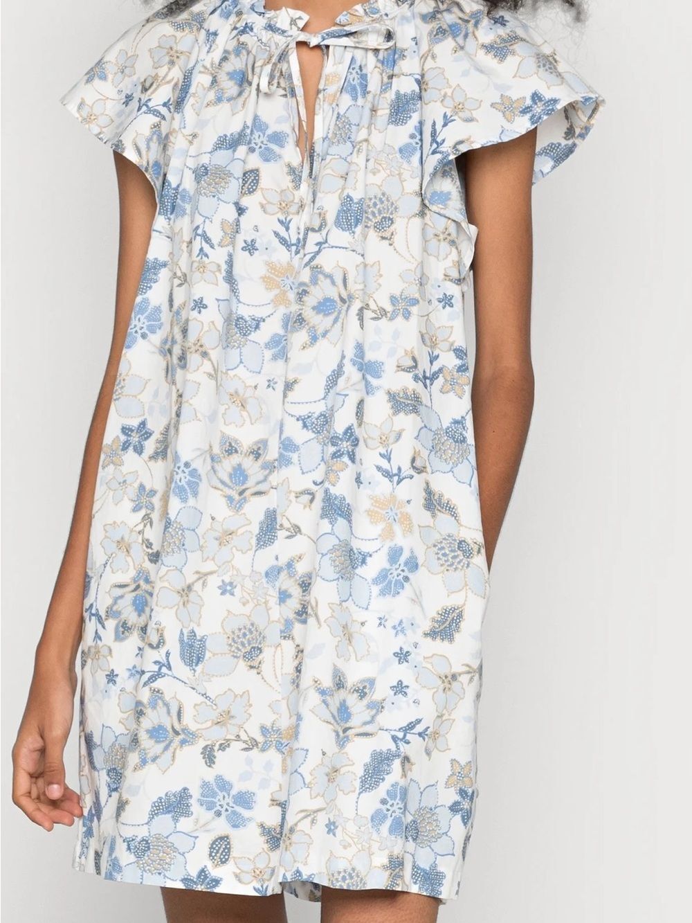 GAP WMNS L 100% Cotton Floral Ruffle Collar Flutter Sleeve Dress Blue & White